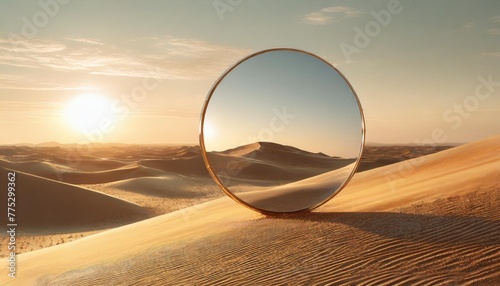 large mirror at sand desert photorealistic scenes orientalist landscapes geometric surrealism abstract surreal concept 3d illustration photo