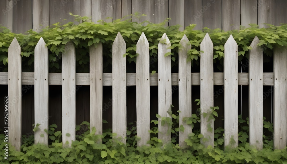 Old weathered wooden picket fence covered in foliage, cut out