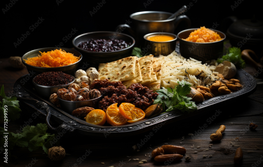 Traditional arabic dish flat bread or naan with spicy meat olive oil dried apricots raisins nuts and orange on dark wooden table selective focus Traditional arabic dish flat bread or naan with spicy meat olive oil dried apricots raisins nuts and orange on dark wooden table selective focus