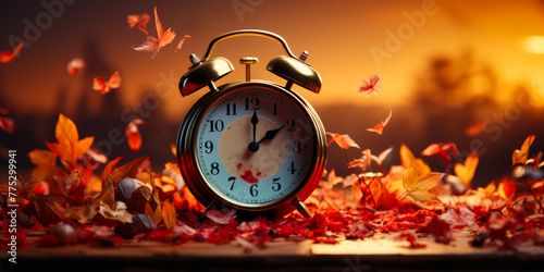 Alarm clock and colorful autumn leaves in the wind