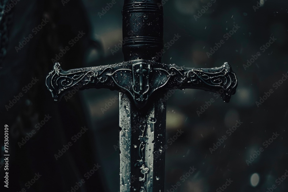 Naklejka premium Close up of a sword on a table, suitable for historical or fantasy themes