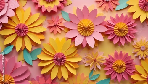 3D yellow and pink flowers layered forms  paper quilting pattern  vibrant colors.
