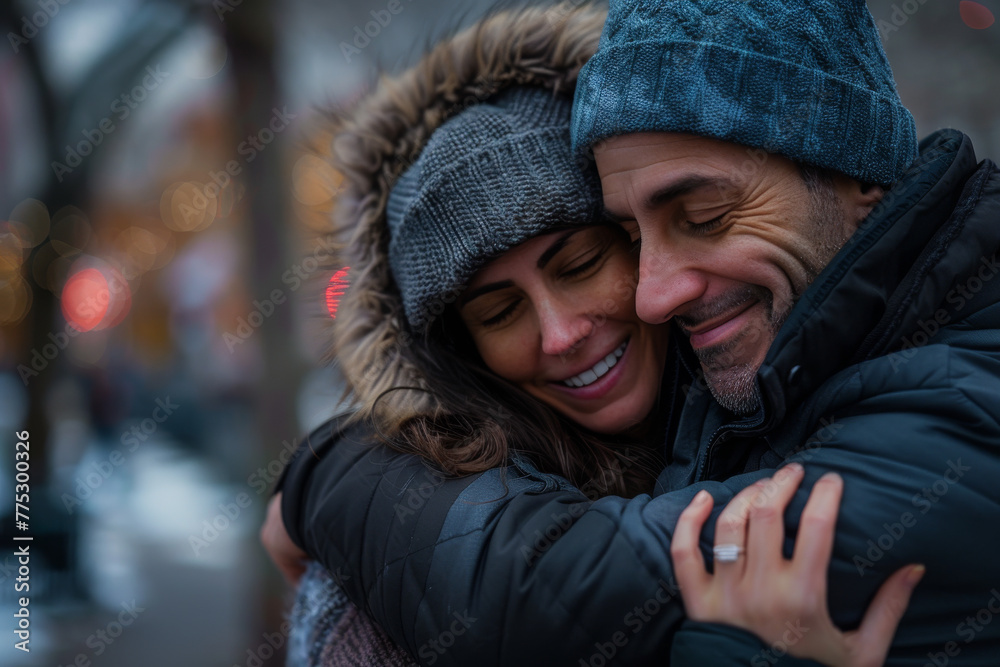 A man and woman hugging with the woman wearing a ring on her finger A man and woman hugging with the woman wearing a ring on her finger