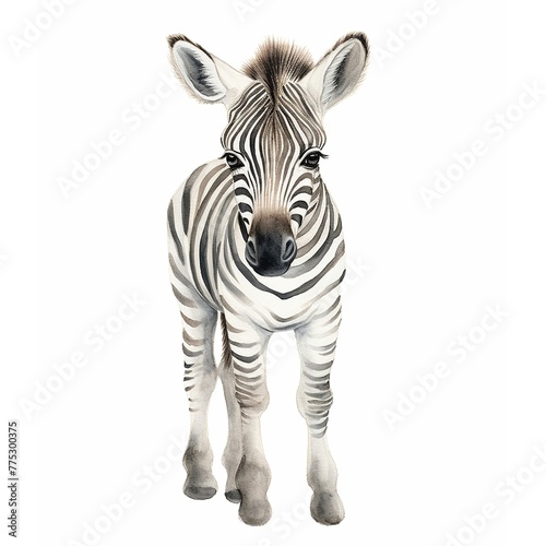 Watercolour Animal Clipart Cute Baby zebra on white background