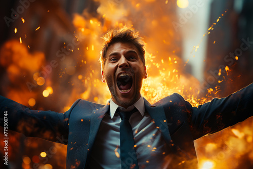 Businessman is screaming and his arms are spread wide as fire explodes around him.