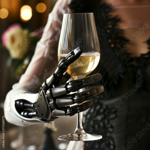 woman uses fully bionic arm and hand to life a glass of white wine. © mindstorm