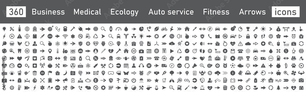 Set of icons, mega collection 360 icons. Business, fitness, medicals, sport, ecology, food, auto service, finance, arrows. Vector.