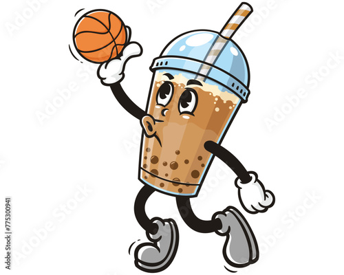 Bubble tea playing slam dunk basketball cartoon mascot illustration character vector clip art hand drawn