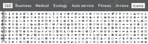 Set of icons, mega collection 360 icons. Business, fitness, medicals, sport, ecology, food, auto service, finance, arrows. Vector.