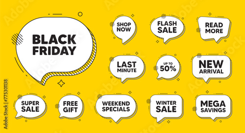 Offer speech bubble icons. Black Friday Sale. Special offer price sign. Advertising Discounts symbol. Black friday chat offer. Speech bubble discount banner. Text box balloon. Vector