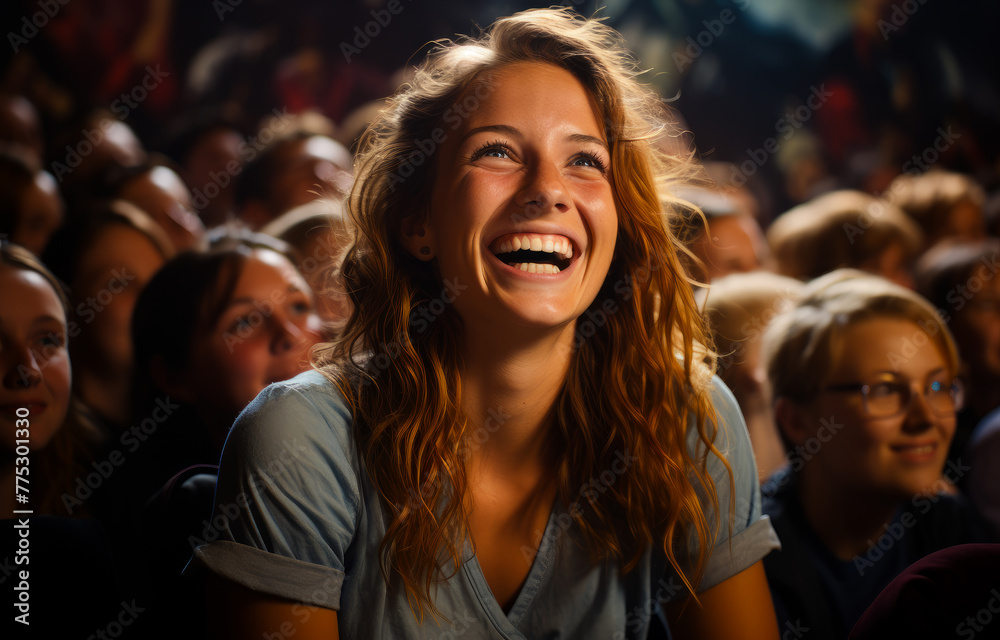 Young woman laughs in crowd.