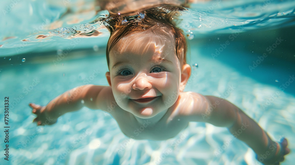 A smiling baby swims underwater in a pool