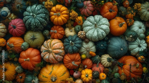  A heap of pumpkins and gourds atop an array of green and orange pumpkins