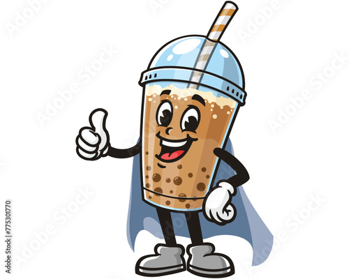 Bubble tea with caped superhero style cartoon mascot illustration character vector clip art hand drawn