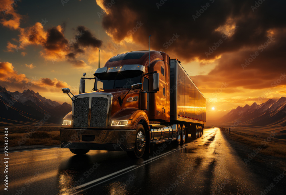 The truck runs on the highway with sunset on the background