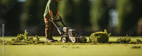 minimalistic model of worker lawn cutting grass photo