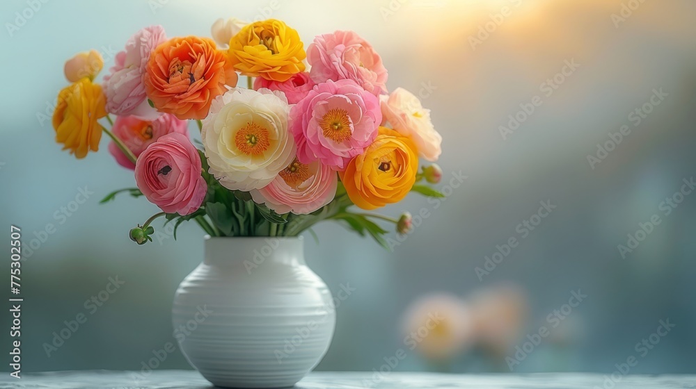  A clear vase brimming with vibrant blooms resting on a wooden table against a focused backdrop