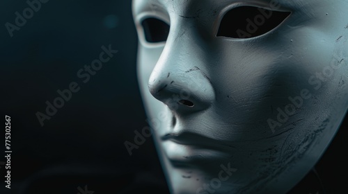 Close up shot of a white mask on a black background. Perfect for theater or Halloween themes