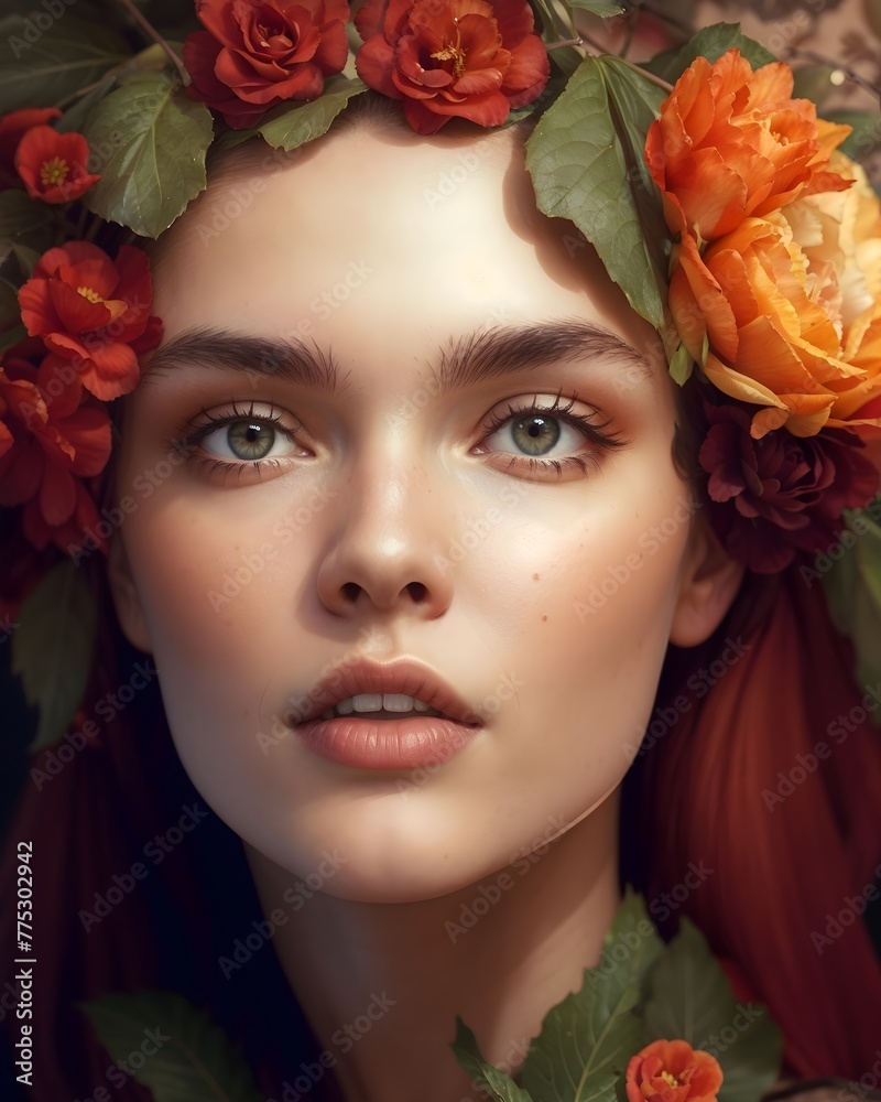 woman with green eyes and wonderous amazed hopeful expression, a crown of flowers and leaves on her head