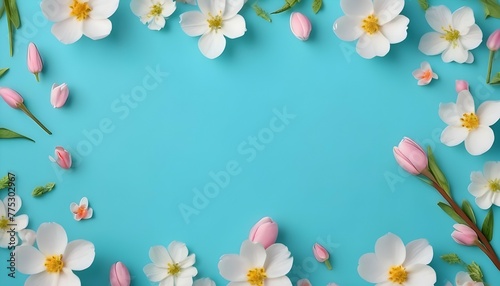 Beautiful spring nature background with lovely blossom  petal a on turquoise blue background frame 