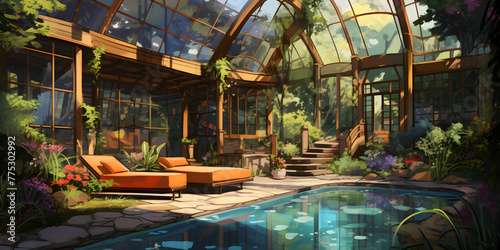 Illustration of a luxurious villa house with a tropical pool garden and comfortable furniture