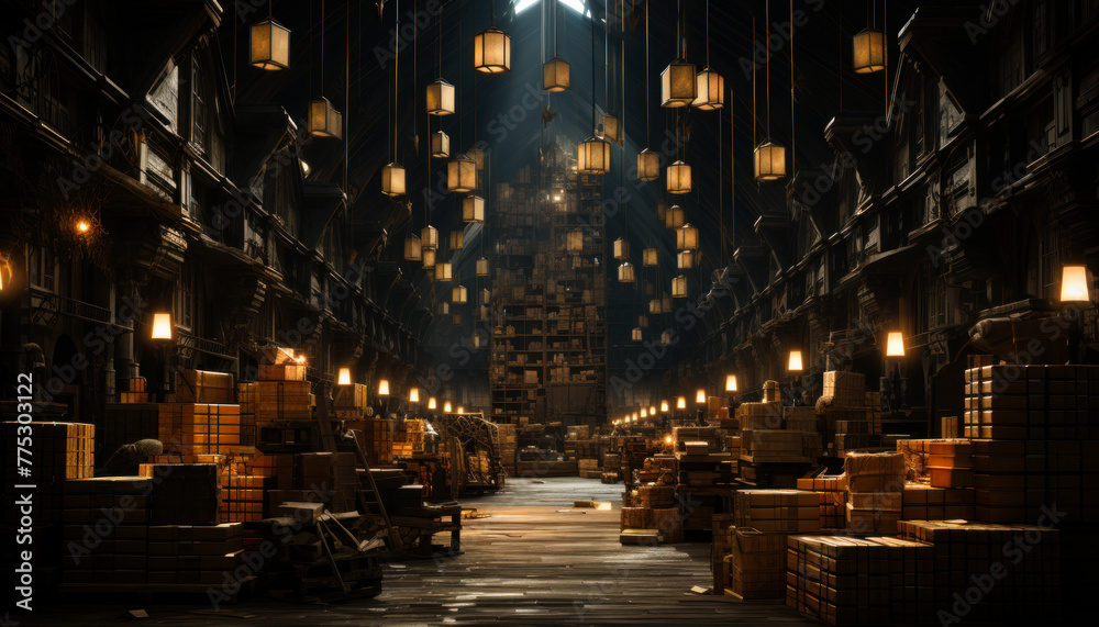 Old dark warehouse with lanterns hanging from the ceiling - obrazy, fototapety, plakaty 