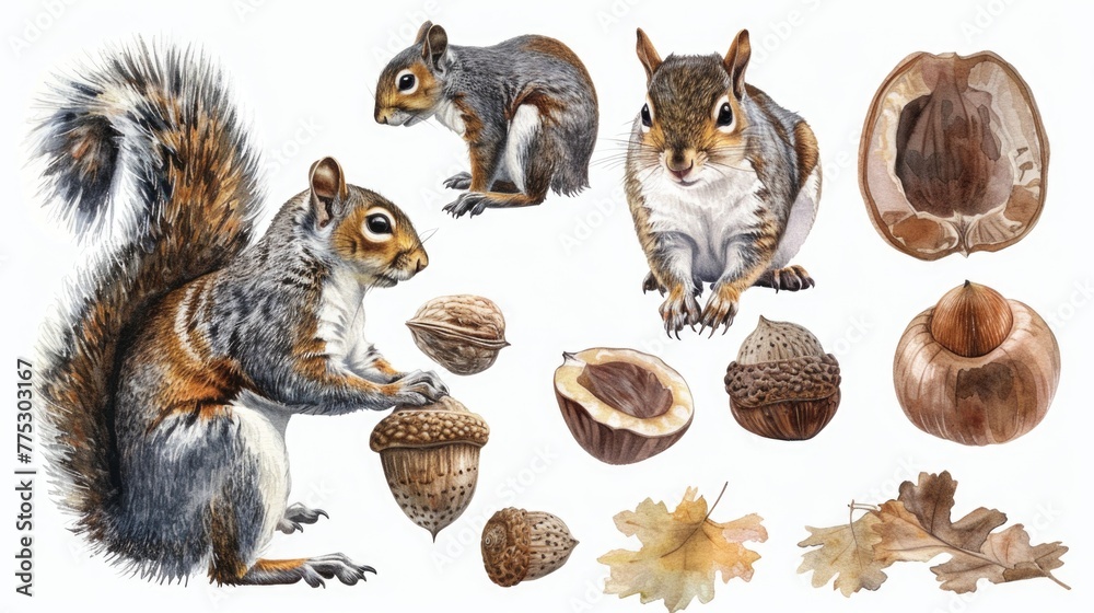 A cute squirrel surrounded by nuts and leaves. Perfect for nature themes