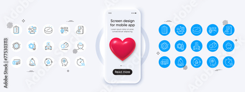 Phone mockup with 3d heart icon. Meditation eye, Tanning time and Stress line icons. Pack of Checklist, Patient, Car charging icon. Medical tablet, Fitness, Coronavirus vaccine pictogram. Vector