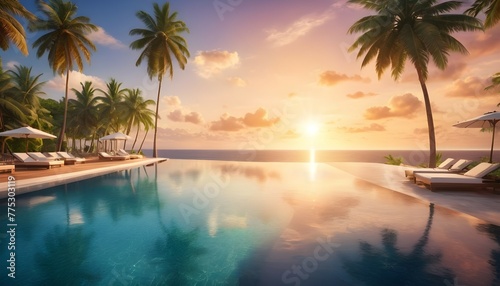 Outdoor luxury sunset over infinity pool swimming summer beachfront hotel resort, tropical landscape. Beautiful tranquil beach holiday vacation background. Amazing island sunset beach view, palm trees © Muhammad