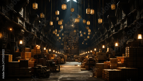 Old dark warehouse with lanterns hanging from the ceiling