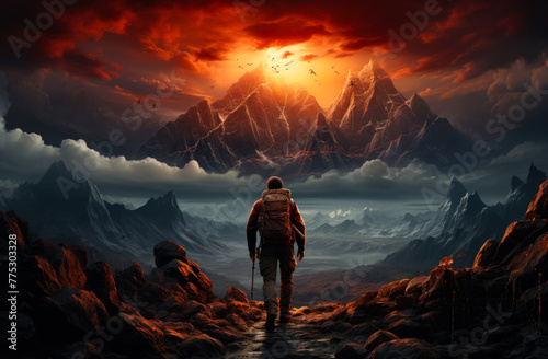 Man walks into red sunset into the mountains.