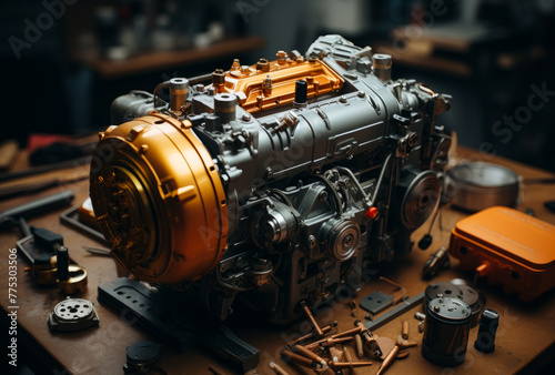 Car engine on the table in the garage