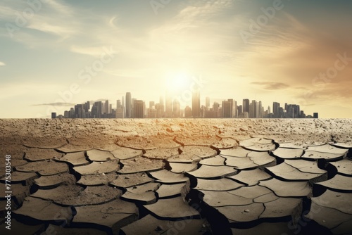 The sun rises over a desolate city skyline with cracked earth in the foreground, suggesting a drought-stricken future. Sunrise Over a Drought-Stricken Cityscape