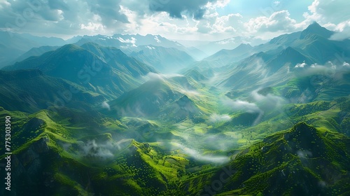 contrast between lush valleys and barren peaks in a mountainous terrain