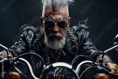A man with tattoos on his face sitting on a motorcycle. Suitable for lifestyle or biker themed projects
