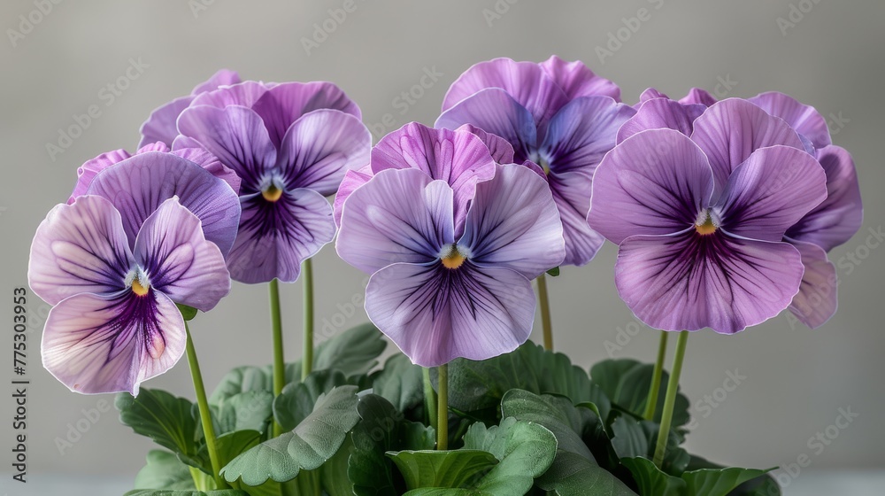 Fototapeta premium A cluster of vibrant purple blossoms perched atop a verdant foliage plant, framing a gray backdrop