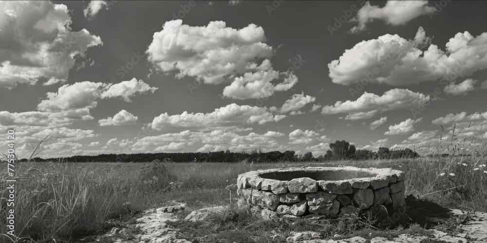 Stone well in a field with clouds in the background. Suitable for rural and agricultural themes