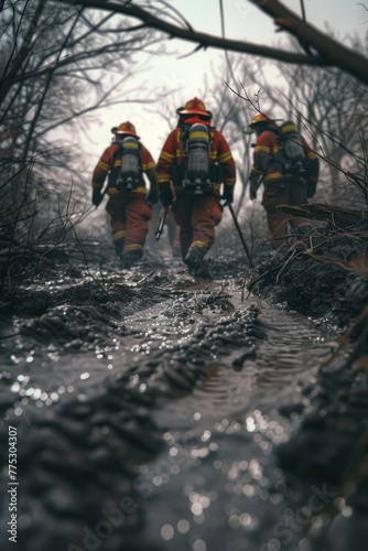 Firefighters navigating through woodland, suitable for emergency services concepts