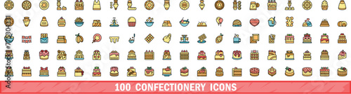 100 confectionery icons set. Color line set of confectionery vector icons thin line color flat on white