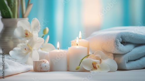 Candles and towels on bed  candlelight luxury health spa indoors