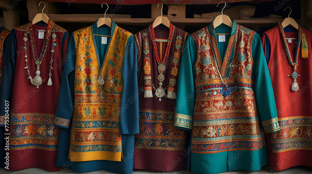 Beautiful decorated Tibetan Dress Materials on display .Generative AI