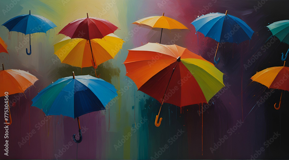 An abstract oil painting featuring a burst of vibrant colors forming the shape of a colorful umbrella.
 .Generative AI
