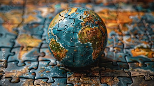 Representing global strategy solutions, an earth-shaped jigsaw puzzle is depicted. photo