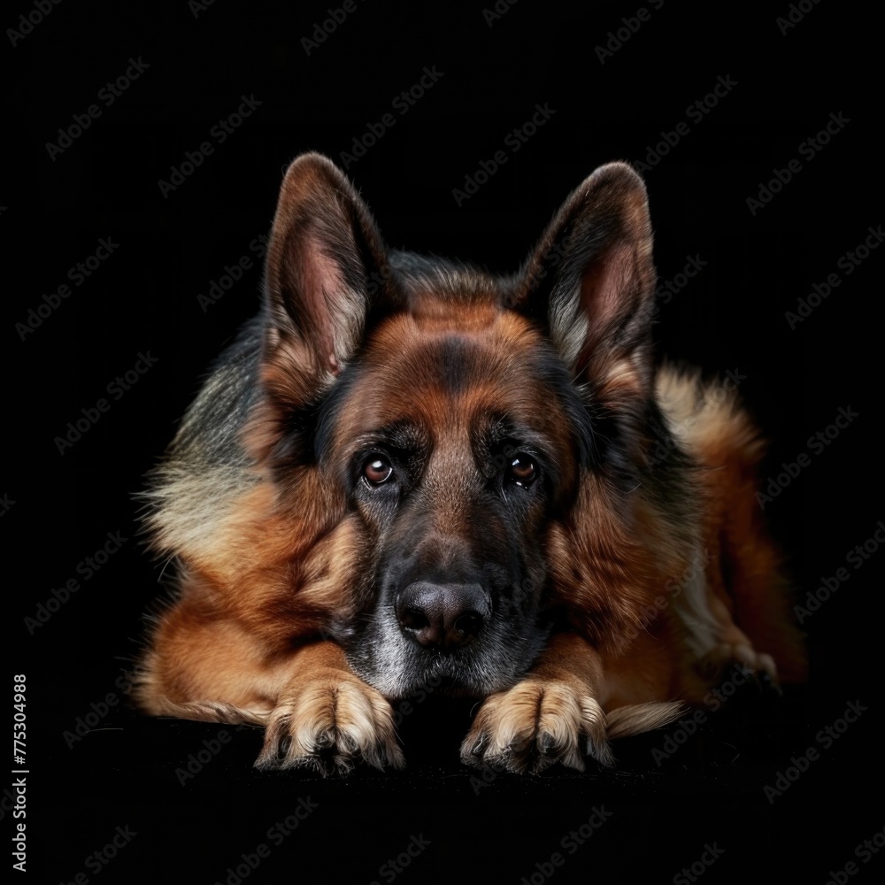 A large dog relaxing on a dark background. Suitable for pet products advertising
