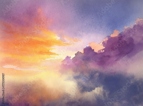Watercolor Sky Painting. Purple and Orange Palette.