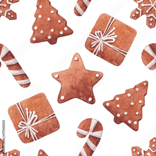 Seamless Christmas Pattern with traditional gingerbread cookies, festive watercolor illustration of star, candy cane, snowflake, gift and Christmas tree on white background