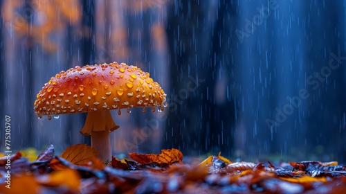 mushroom in the autumn forest in the rain. 