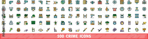 100 crime icons set. Color line set of crime vector icons thin line color flat on white