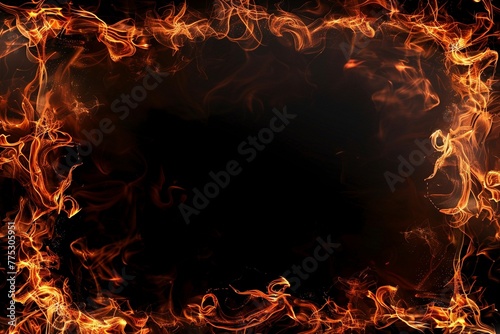 An ornate frame crafted from swirling flames, enclosing a blank canvas against a deep black background photo