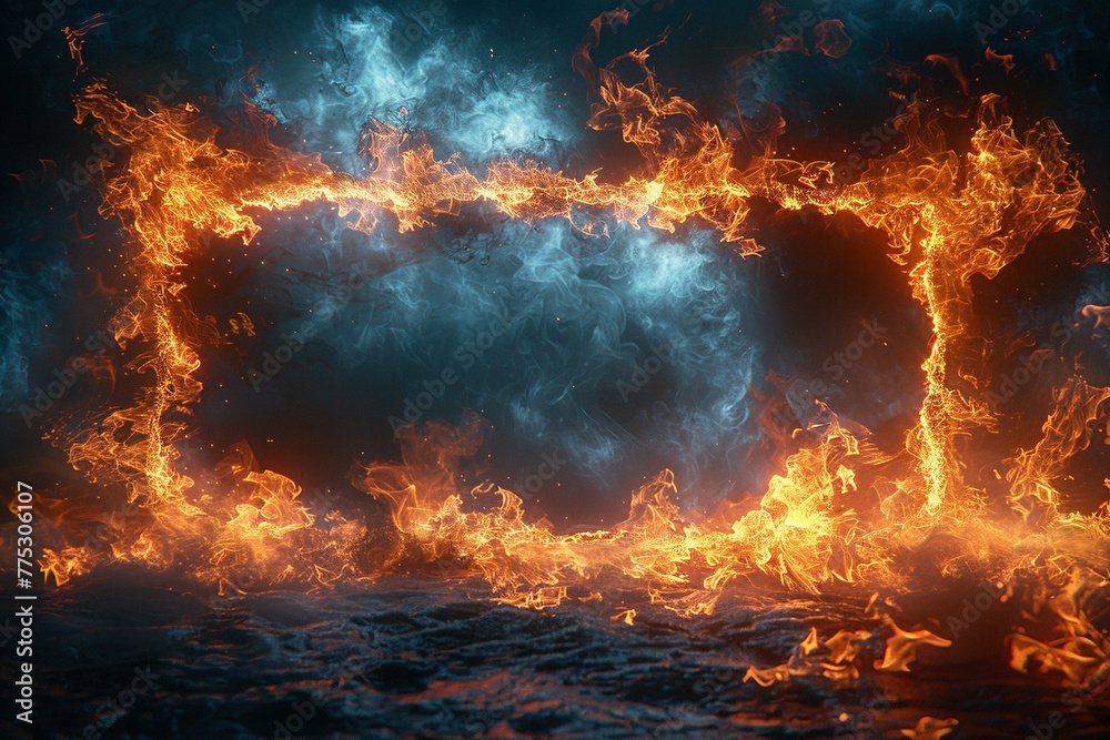 A flamboyant frame, fashioned from tongues of vibrant fire, surrounds a vacant space on a jet-black background. A flamboyant frame, fashioned from tongues of vibrant fire, surrounds a vacant space on a jet-black background.